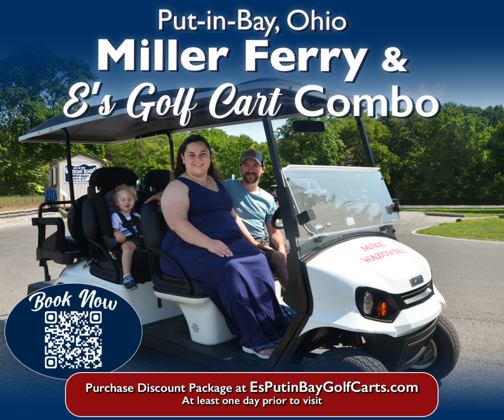 Family sitting in a golf cart with 'Miller Ferry & E's Golf Cart Combo' text, Put-in-Bay, Ohio.